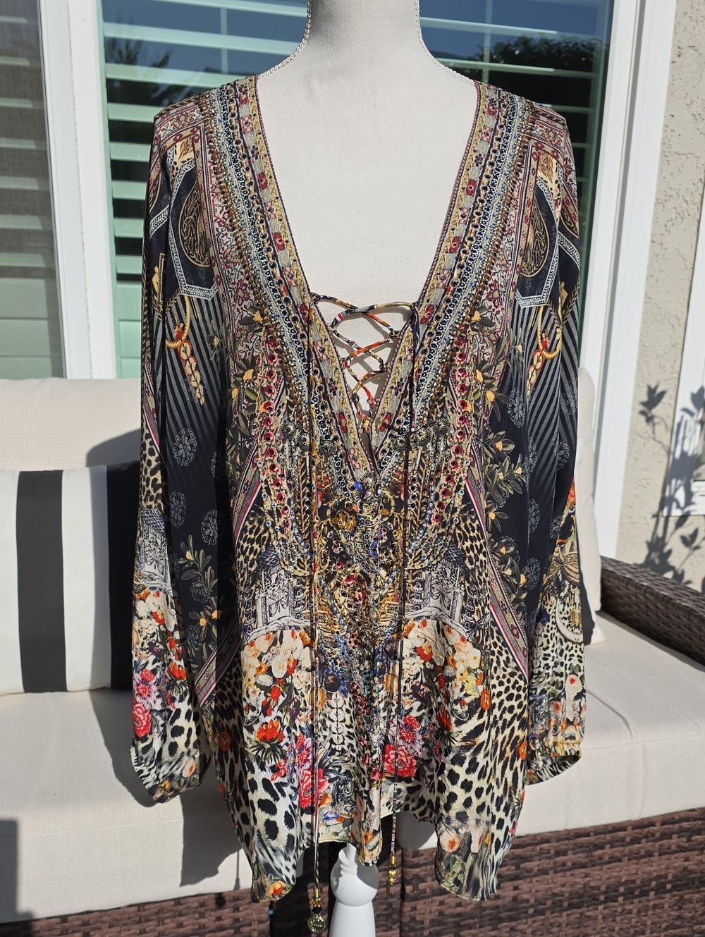 Camilla Black Multi Lace-Up V-Neck Boho Tunic